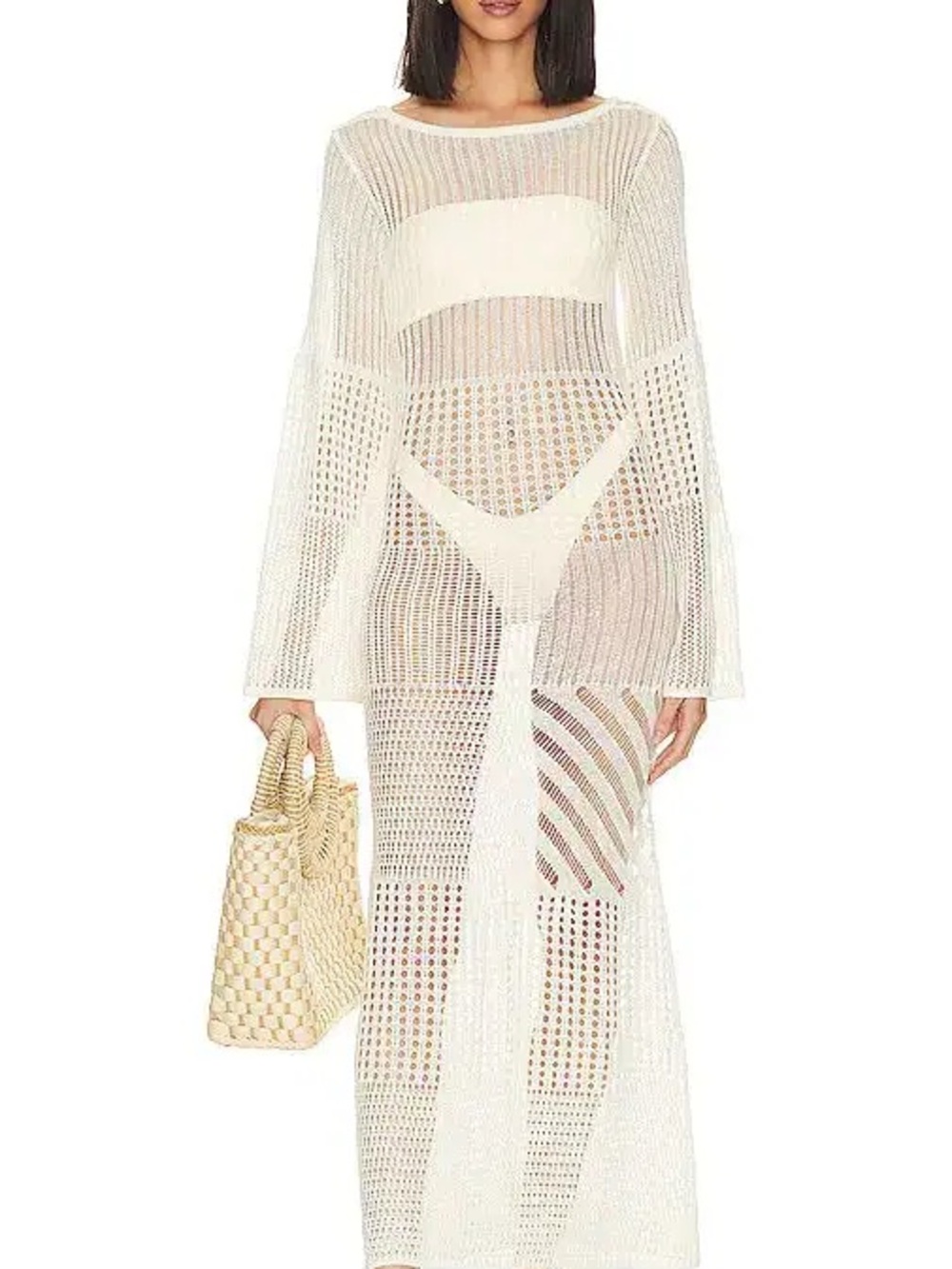 L'Academie Ivory Sheer Knit Maxi Cover-Up Dress